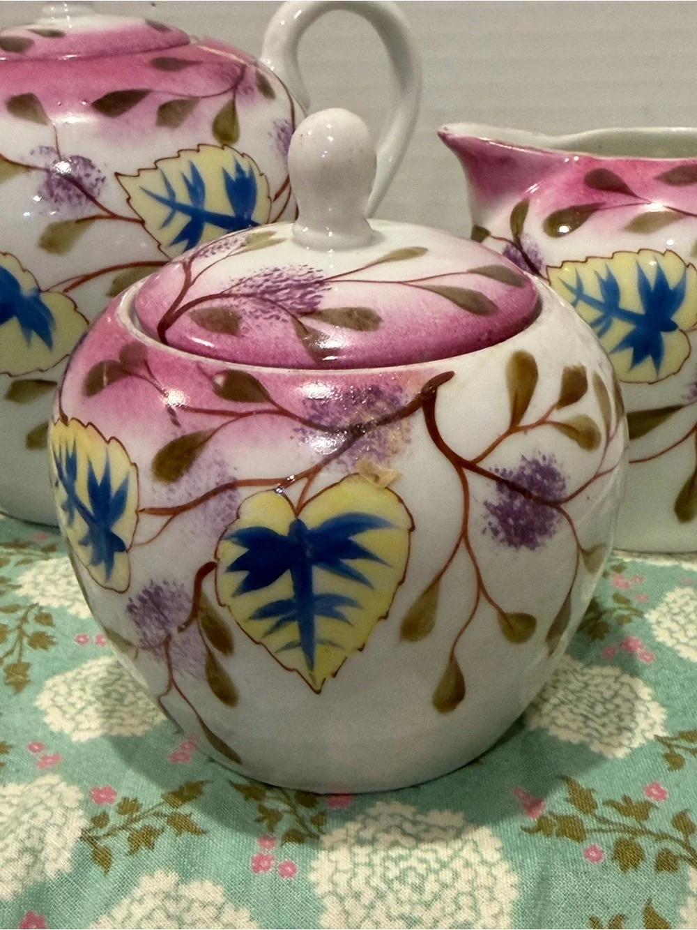 Vintage Hand Painted Porcelain  3 Pc Tea Set Tea Pot Lidded Sugar And Creamer.